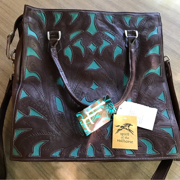 Gorgeous Western Spirit of the Red Horse Brown and Turquoise Leather Bag - Picture 2 of 9